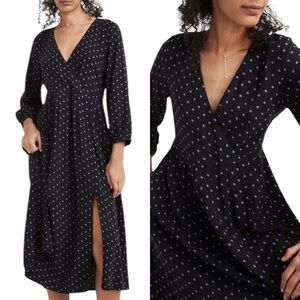 Madewell Faux Wrap Midi Dress Polka Dot Long Sleeve Slit Black XS